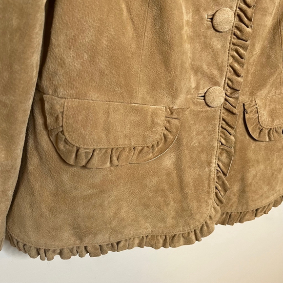 Vintage Suede Leather Blazer Jacket Tan Brown Boho Ruffle Trim Alice Blue S - Picture 10 of 17